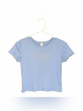 Vintage Baby Tee Light Blue Rhinestone Butterfly Crop Top